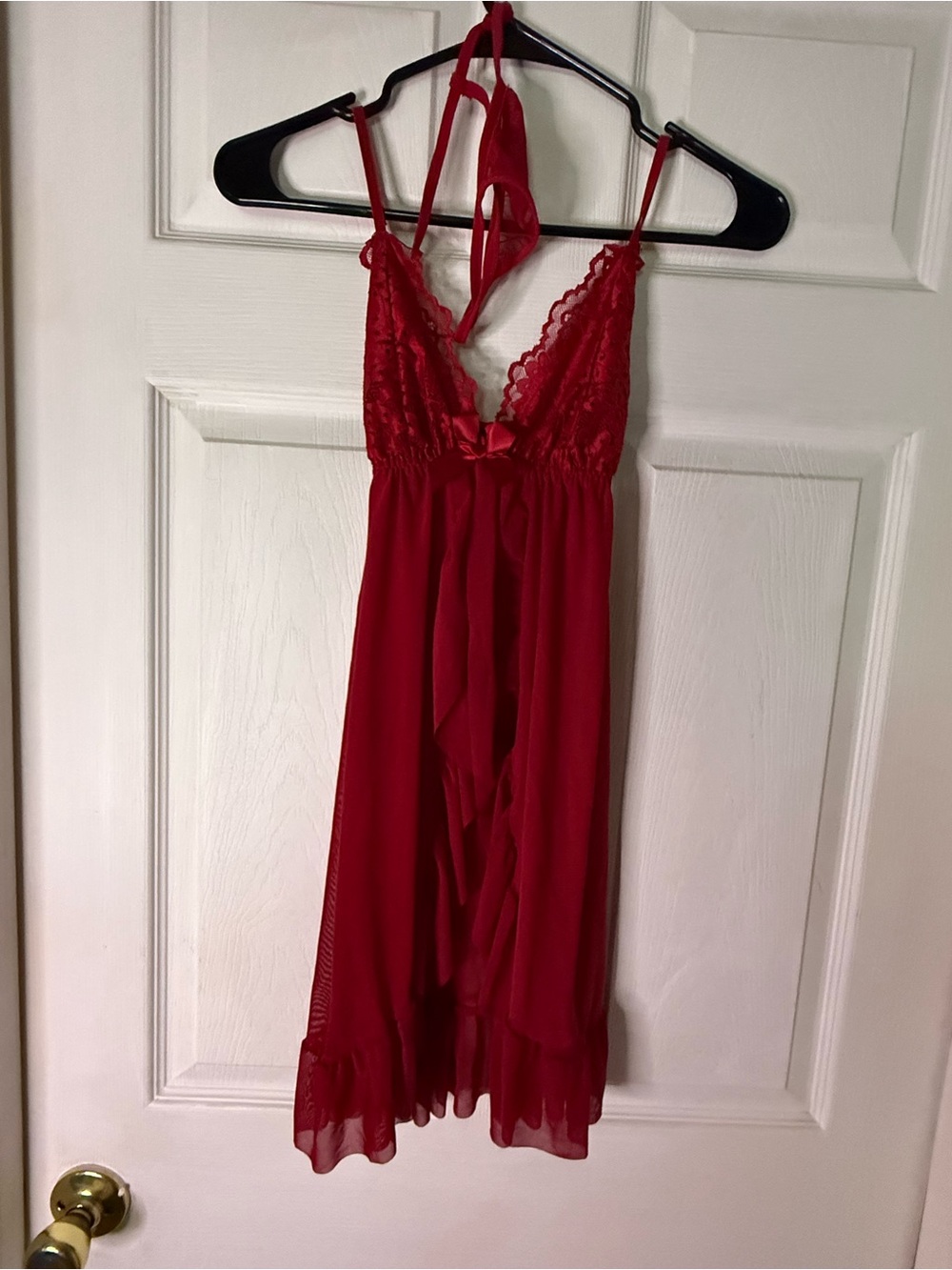 Red Lace Halter Chemise with Sheer Skirt